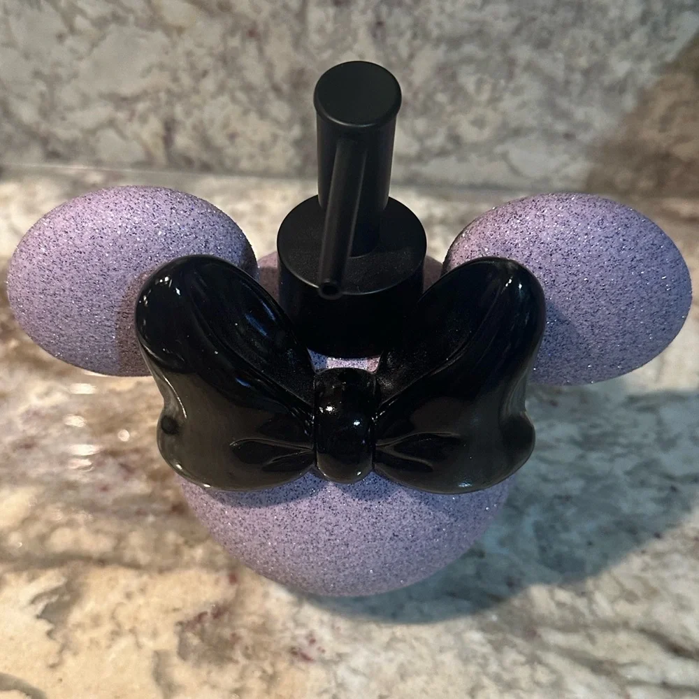 Disney Minnie Mouse Glitter Soap Dispenser Purple Black Bow Bathroom Decor